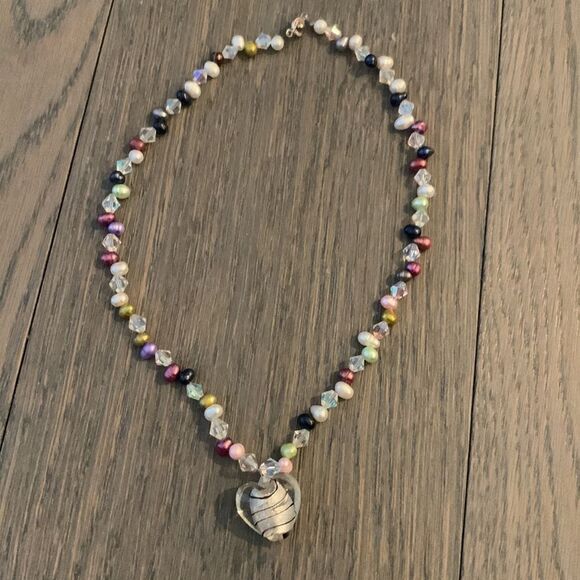 Teng Yue Art Glass Real Freshwater Pearl Heart Necklace Handmade Multi Color - Picture 9 of 12